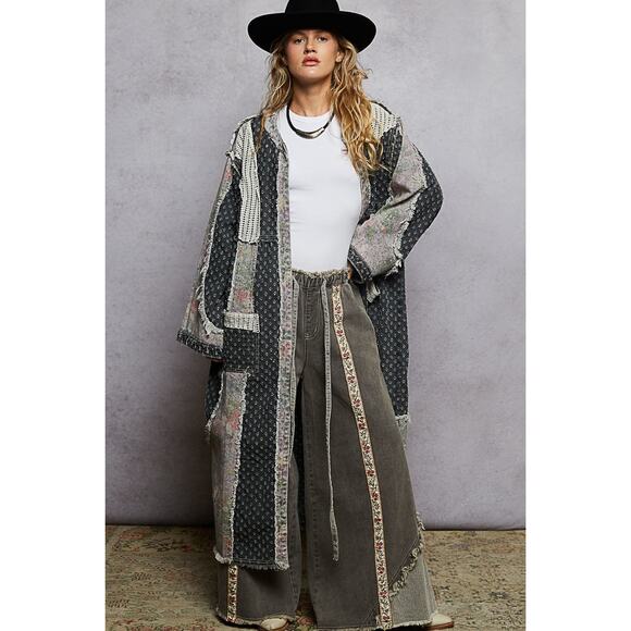 1K***POL Denim Long Jacket Crochet Contrast - Picture 2 of 4